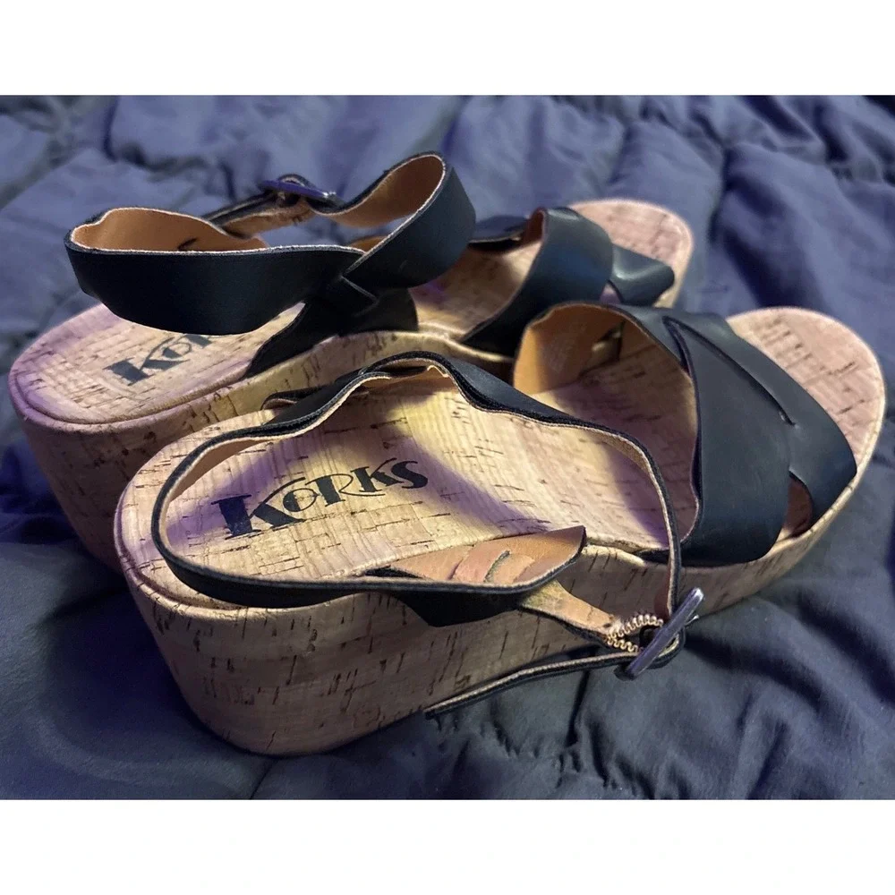 Korks Black Leather Cork Wedge Sandals Size 7M
